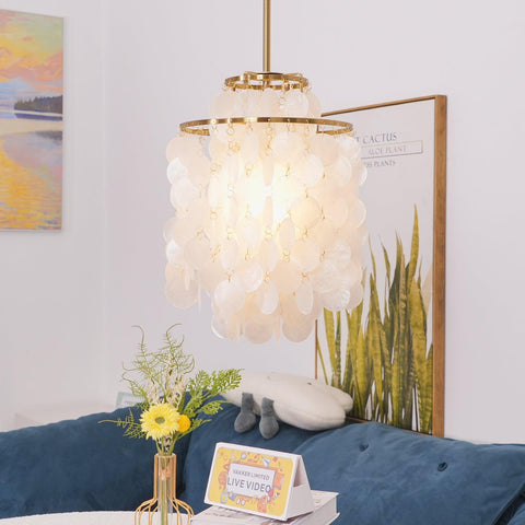 Pendant Light with Layered Natural Shell and Vintage Style