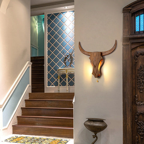 Wood Bull Head Wall Light with Sculpted Rustic LED Wall Accent