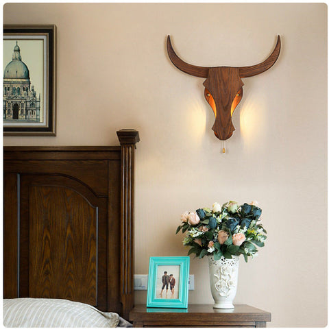 Wood Bull Head Wall Light with Sculpted Rustic LED Wall Accent
