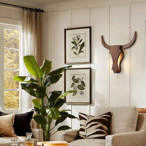 Wood Bull Head Wall Light with Sculpted Rustic LED Wall Accent