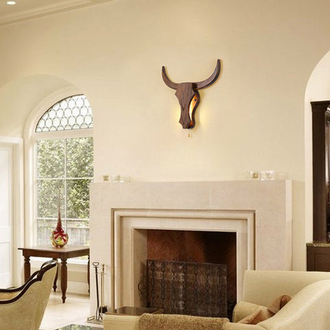 Wood Bull Head Wall Light with Sculpted Rustic LED Wall Accent