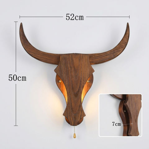 Wood Bull Head Wall Light with Sculpted Rustic LED Wall Accent