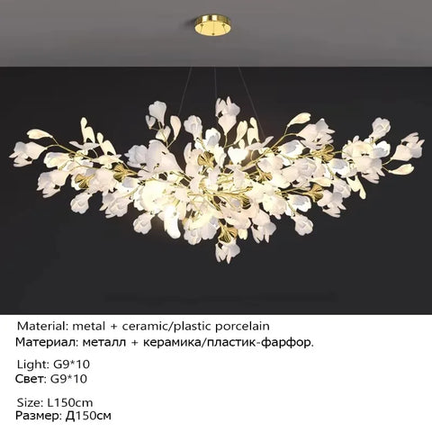 Ginkgo Branch Chandelier with Ceramic Leaf Forms in Metal and Ceramic