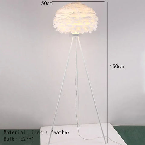 Feather Floor Lamp with Feathered Shade on Tripod in Iron and Feathers