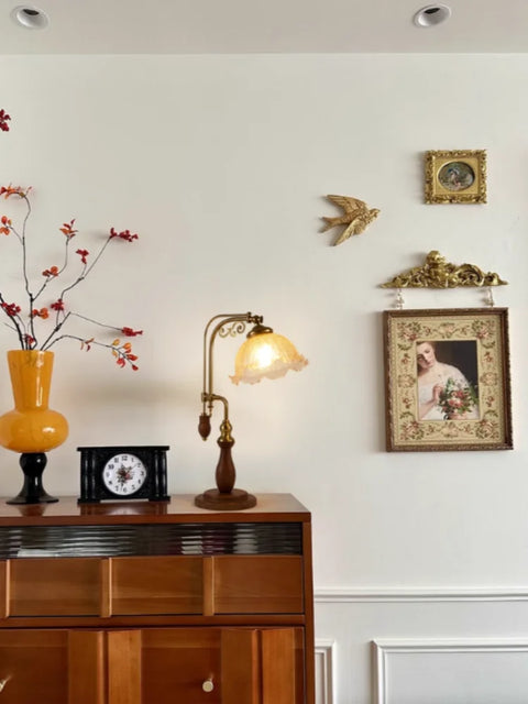 Walnut Floor Lamp with Fabric Shade with Rounded Wood Base and Shade
