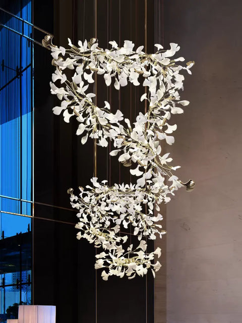 Porcelain Ginkgo Chandelier with Porcelain Leaf Cluster