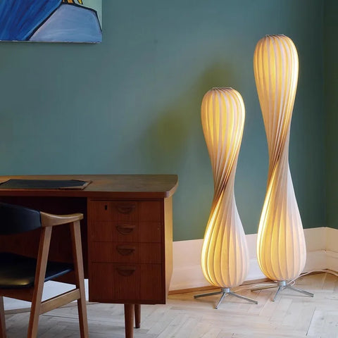 Curved Wooden Floor Lamp with Curved Stem and Shade in Wood and Iron
