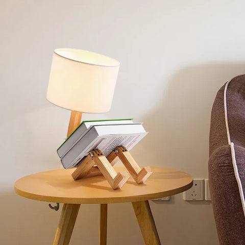 Adjustable Wooden Robot Table Lamp with Fabric Shade and Integrated Book Holder