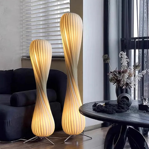 Curved Wooden Floor Lamp with Curved Stem and Shade in Wood and Iron