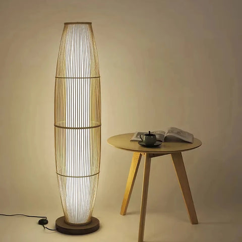 Woven Bamboo Floor Lamp with Woven Tapered Lantern in Bamboo and Iron