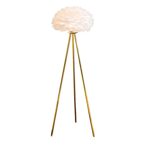 Feather Floor Lamp with Feathered Shade on Tripod in Iron and Feathers
