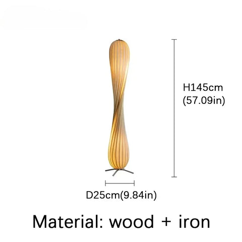 Curved Wooden Floor Lamp with Curved Stem and Shade in Wood and Iron