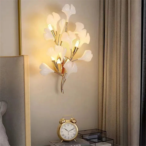 Ginkgo Branch Chandelier with Ceramic Leaf Forms in Metal and Ceramic