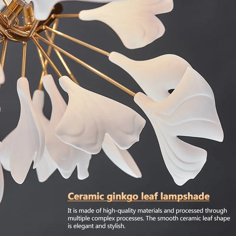 Ginkgo Branch Chandelier with Ceramic Leaf Forms in Metal and Ceramic