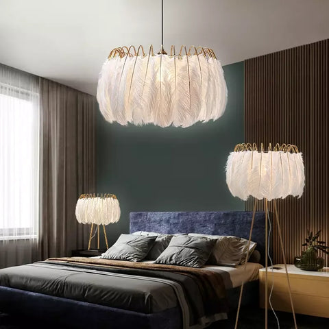 Feather Chandelier with Feathered Shade in Iron and Feathers