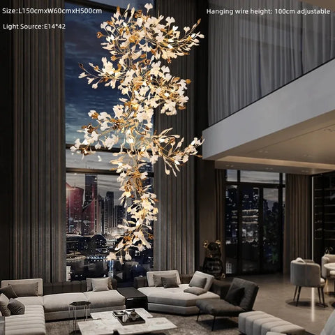 Porcelain Ginkgo Chandelier with Porcelain Leaf Cluster