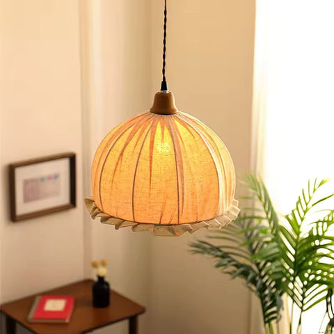 Pendant Light with Pleated Linen Dome Shade and Wood Cap
