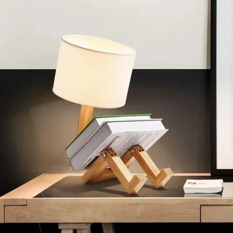 Adjustable Wooden Robot Table Lamp with Fabric Shade and Integrated Book Holder
