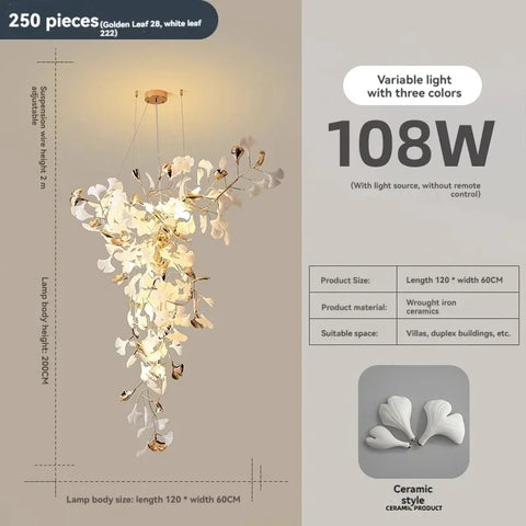 Porcelain Ginkgo Chandelier with Porcelain Leaf Cluster
