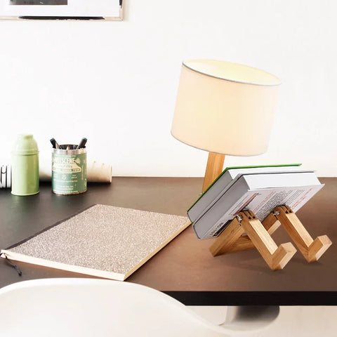 Adjustable Wooden Robot Table Lamp with Fabric Shade and Integrated Book Holder