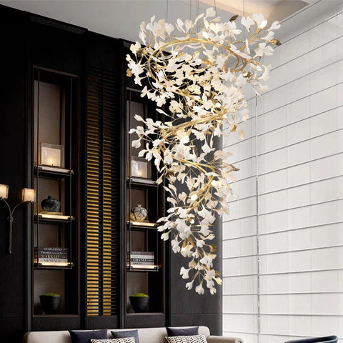 Porcelain Ginkgo Chandelier with Porcelain Leaf Cluster