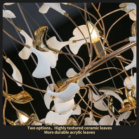Porcelain Ginkgo Chandelier with Porcelain Leaf Cluster
