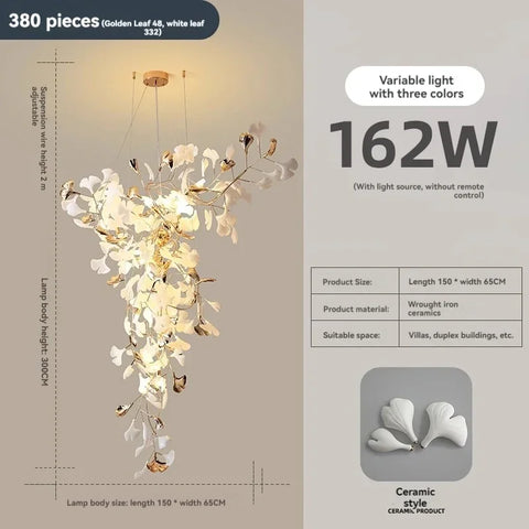 Porcelain Ginkgo Chandelier with Porcelain Leaf Cluster