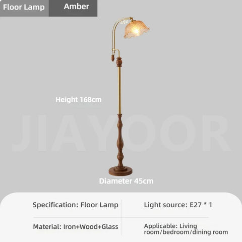 Walnut Floor Lamp with Fabric Shade with Rounded Wood Base and Shade