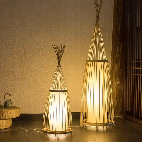 Woven Bamboo Floor Lamp with Woven Tapered Lantern in Bamboo and Iron