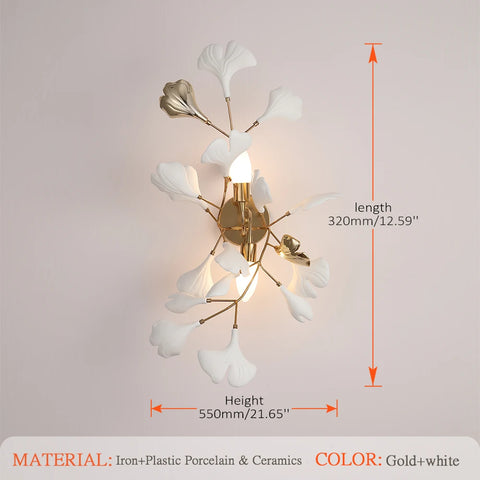Ginkgo Branch Chandelier with Ceramic Leaf Forms in Metal and Ceramic