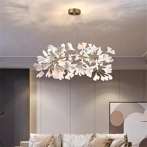 Ginkgo Branch Chandelier with Ceramic Leaf Forms in Metal and Ceramic