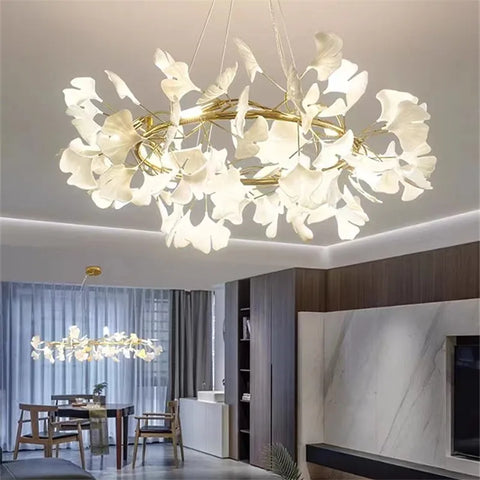 Ginkgo Branch Chandelier with Ceramic Leaf Forms in Metal and Ceramic