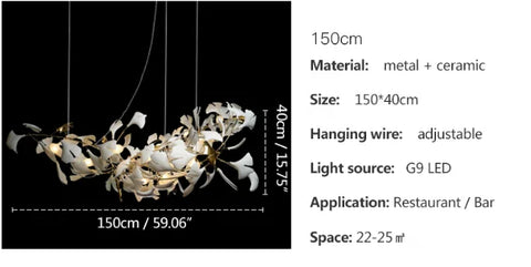 Ginkgo Branch Chandelier with Ceramic Leaf Forms in Metal and Ceramic
