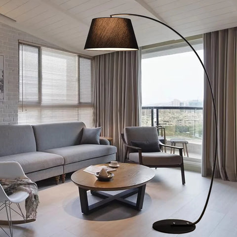 Arched Floor Lamp with Fabric Shade with Arched Stem and Broad Shade