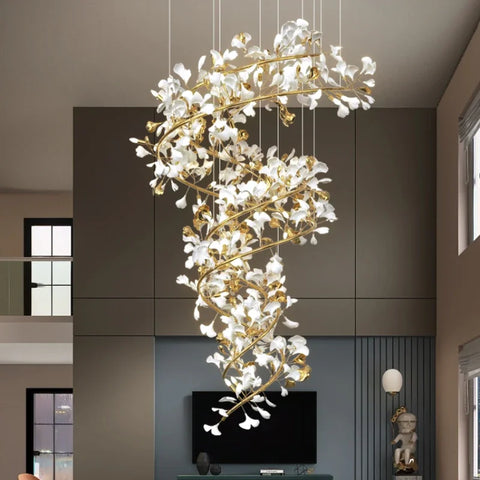 Porcelain Ginkgo Chandelier with Porcelain Leaf Cluster