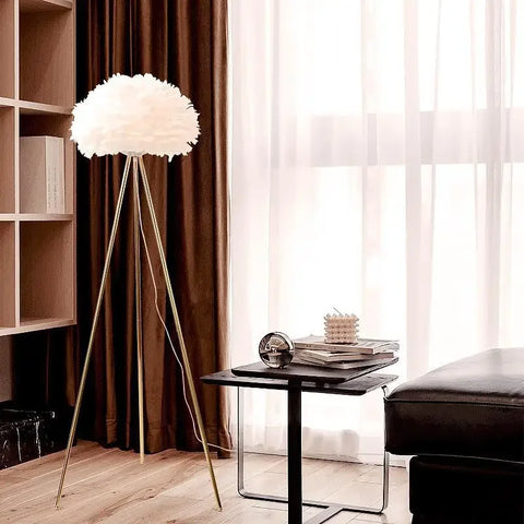 Feather Floor Lamp with Feathered Shade on Tripod in Iron and Feathers