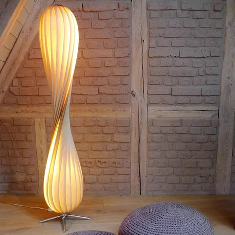 Curved Wooden Floor Lamp with Curved Stem and Shade in Wood and Iron