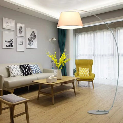 Arched Floor Lamp with Fabric Shade with Arched Stem and Broad Shade