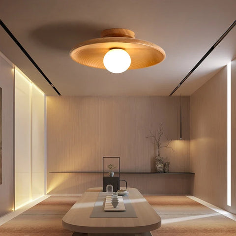 Round Wood Ceiling Light with Exposed Globe for Warm Interiors