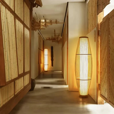 Woven Bamboo Floor Lamp with Woven Tapered Lantern in Bamboo and Iron