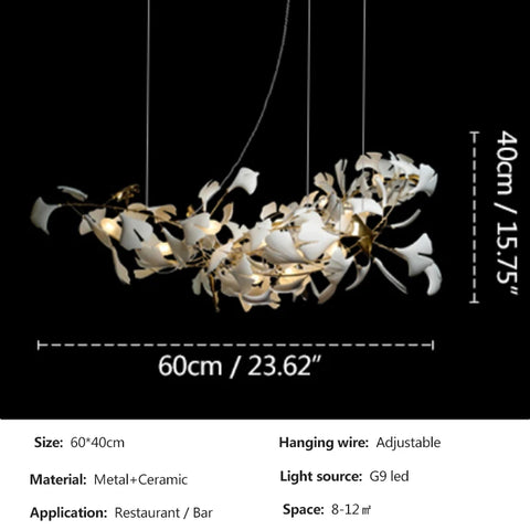 Ginkgo Branch Chandelier with Ceramic Leaf Forms in Metal and Ceramic