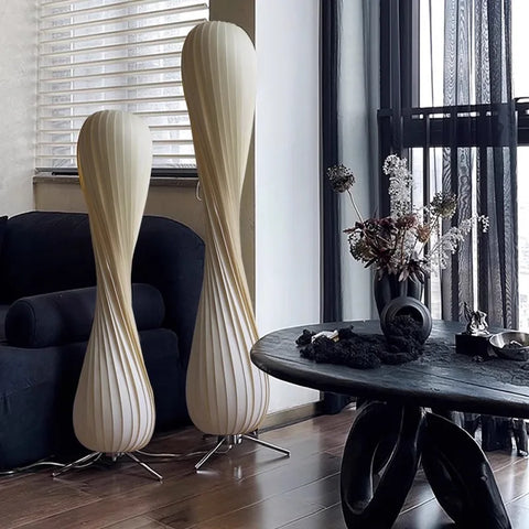Curved Wooden Floor Lamp with Curved Stem and Shade in Wood and Iron