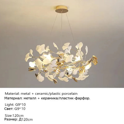 Ginkgo Branch Chandelier with Ceramic Leaf Forms in Metal and Ceramic
