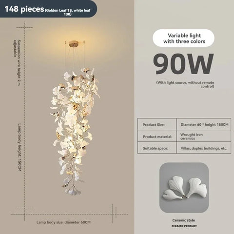 Porcelain Ginkgo Chandelier with Porcelain Leaf Cluster