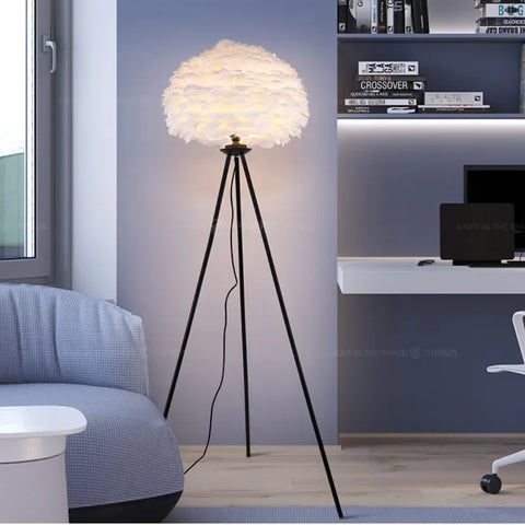 Feather Floor Lamp with Feathered Shade on Tripod in Iron and Feathers