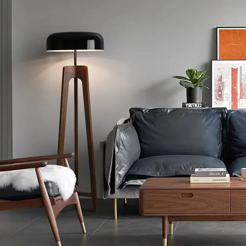 Solid Wood Floor Lamp with Tripod Base and Drum Shade