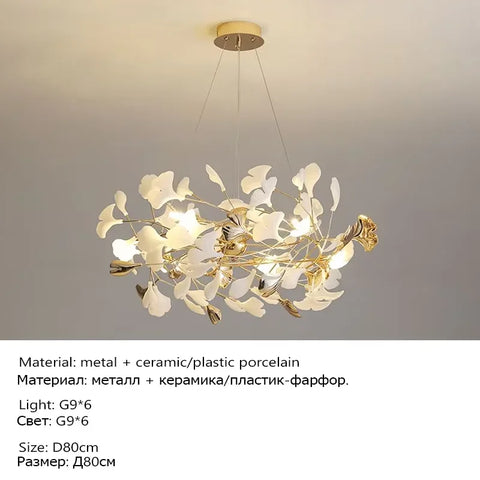 Ginkgo Branch Chandelier with Ceramic Leaf Forms in Metal and Ceramic
