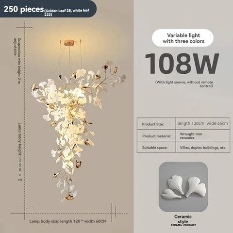 Porcelain Ginkgo Chandelier with Porcelain Leaf Cluster