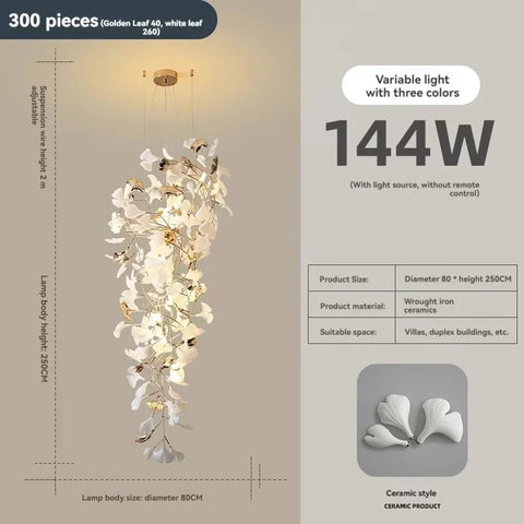 Porcelain Ginkgo Chandelier with Porcelain Leaf Cluster