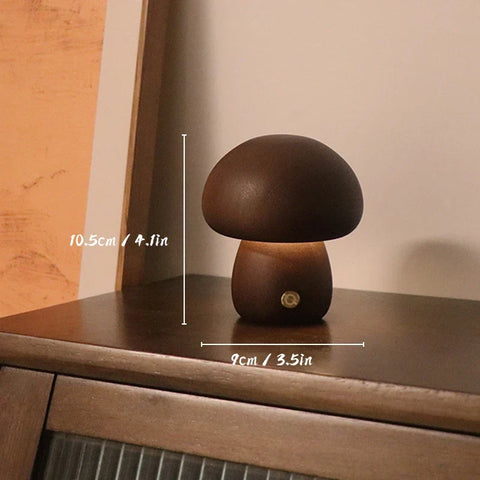 Mushroom-Shaped Wooden Table Lamp with Adjustable Brightness and USB Power